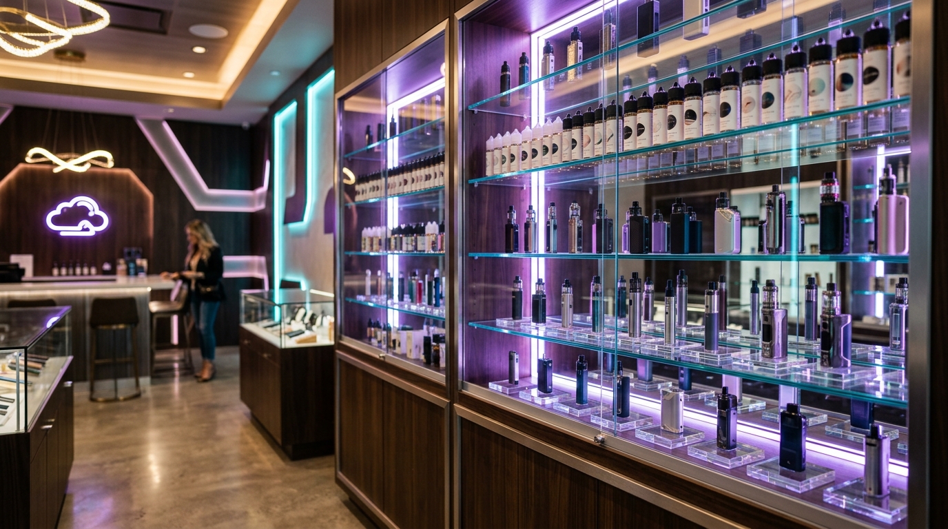 Vape display cases open 24/7 at Hub Smoke Houston TX